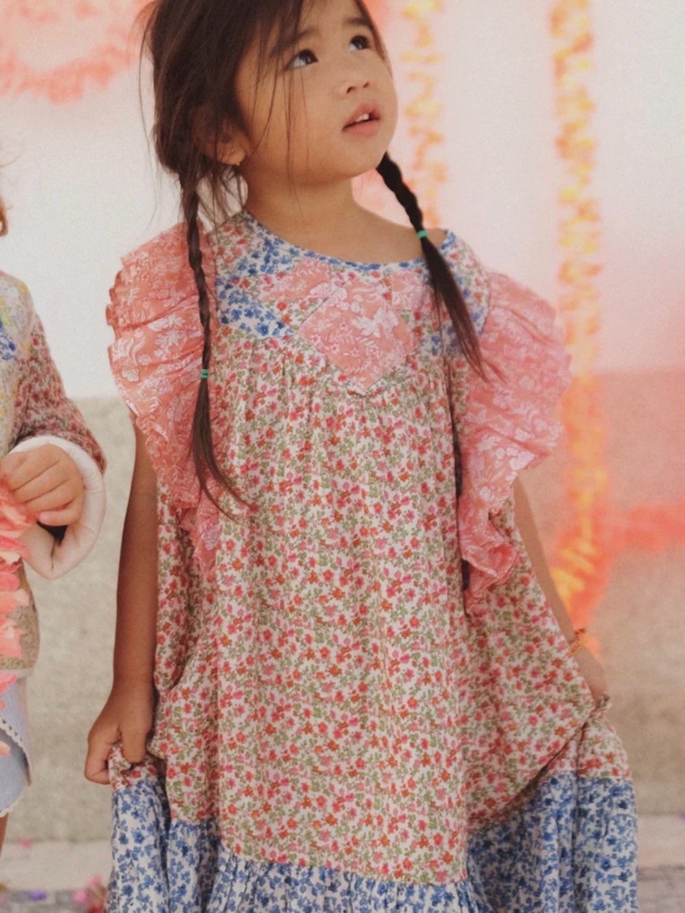 LOUISE MISHA Jyoti Multicolor Patchwork Boho Ruffle Flowy Cotton Dress
